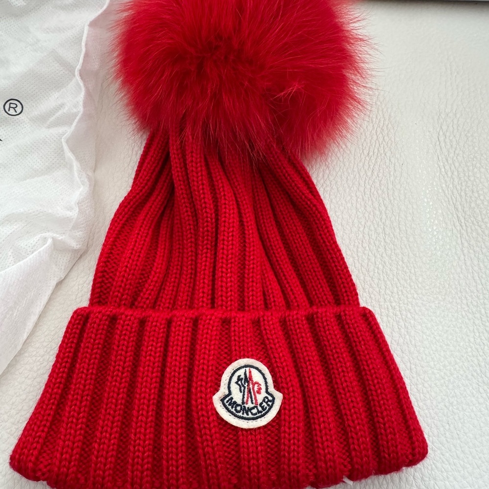 Moncler Red Knit Pom-Pom Hat
